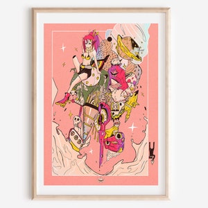 May include: A framed art print featuring a colorful, surreal illustration. The artwork depicts a woman with pink hair and a yellow bikini, surrounded by various fantastical elements, including planets, skulls, and abstract shapes, all set against a pink background.