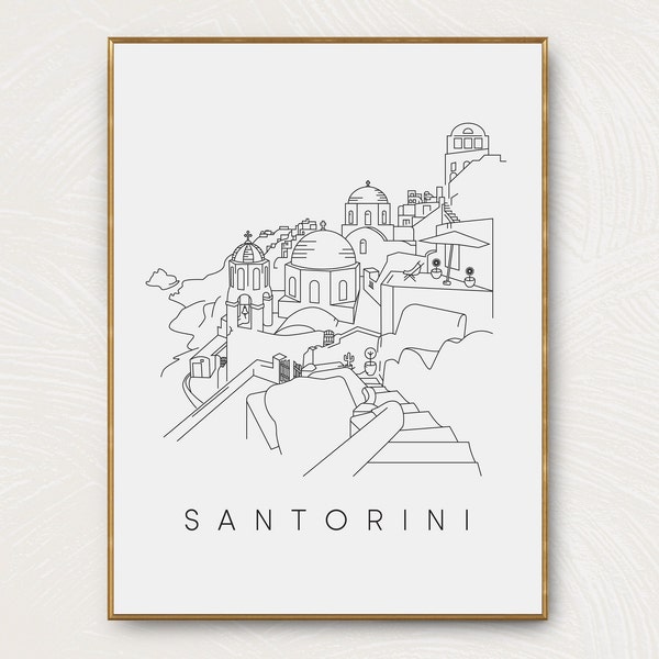 Santorini, Greece Art, DIGITAL Print Illustration, line art, PRINTABLE Art, Travel Art, Cityscape,