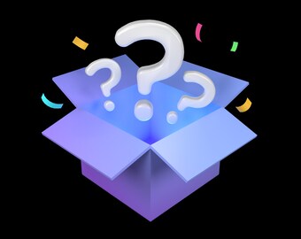 Op de afbeelding: Een blauwe en paarse doos met een open deksel, die drie witte vraagtekens onthult die boven de doos zweven. De doos is omringd door kleurrijk confetti.