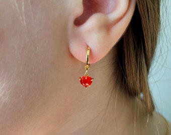 GOLD FILLED Ruby Heart Earrings Red Heart Earrings Ruby Gemstone Earrings Heart Huggie Hoops WATERPROOF Personalized Christmas Gift for Her