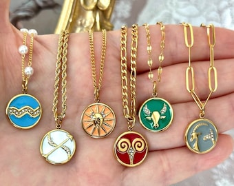 GOLD Celestial Sternzeichen Halskette mit Zirkon Stein • Weihnachtsgeschenk • Personalisierter Sternbild Schmuck, Astrologie Halskette • Geburtstagsgeschenk