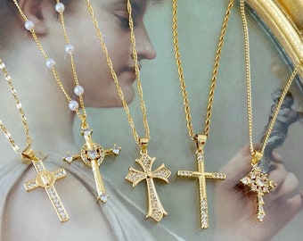 Collier chaîne croix jésus OR, bijoux chrétiens délicats, collier chapelet crucifix religieux minimaliste, cadeaux pour maman