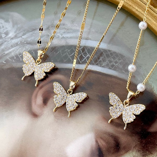 Collier papillon OR • Cadeau pour meilleure amie • Parure de bijoux Mariposa minimaliste • Collier IMPERMÉABLE avec des pierres précieuses • Cadeaux personnalisés pour maman