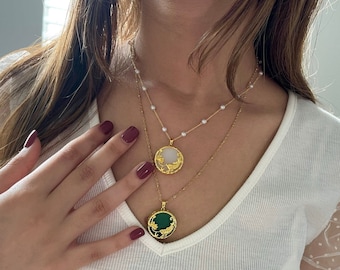 18K GOLD Jade Fish Pendant Necklace • Handcrafted Jade Medallion Jewelry for Her • Green or White Jade Necklace • Birthday or Christmas Gift
