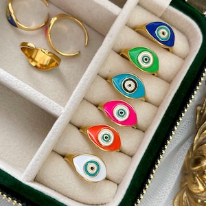 18K GOLD Evil Eye Protection Ring Summer Jewelry Colorful Hippie Enamel Adjustable Stacking Rings WATERPROOF Personalized Gifts for Her