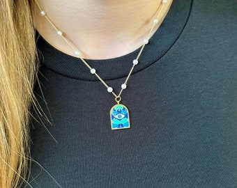 GOLD Evil Eye Pendant Necklace • Graduation Gift • Handmade Jewelry for Women • Ancient Roman Blue Arch Eyes Pendant • Best Friend Gift