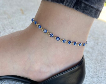 GOLD Evil Eye Protection Anklet, Blue Good Luck Anklet, Evil Eye Charm Anklet, WATERPROOF Summer Jewelry, Personalized Birthday Gift for Her