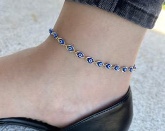 GOLD Evil Eye Protection Anklet, Blue Good Luck Anklet, Evil Eye Charm Anklet, WATERPROOF Summer Jewelry, Personalized Birthday Gift for Her