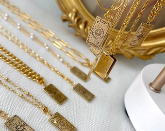18K GOLD Wiccan Tarot Card Necklace Rectangle Mystical Star Sun Justice World Strength Empress Fortune Pendant WATERPROOF Birthday Gift
