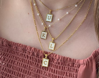 GOLD Mother of Pearl Initial Monogram Necklace Custom Initial Pearl Necklace Summer Jewelry WATERPROOF Bridesmaid Gift Necklace