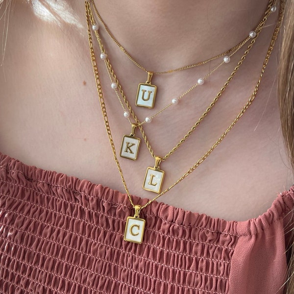 GOLD Mother of Pearl Initial Monogram Necklace Custom Initial Pearl Necklace Summer Jewelry WATERPROOF Bridesmaid Gift Necklace