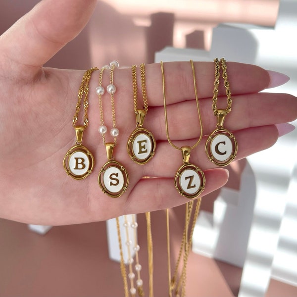 Vintage Initial Letter Necklace • Personalized Gift for Mom with Initial Pendant • Oval White Enamel & Gold Charm Necklace • Gift for Her