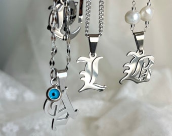 SILVER Letter Necklace • Stainless Steel WATERPROOF Gift for Women • Unisex Old English Name Necklace • Personalized Christmas Gift for Her