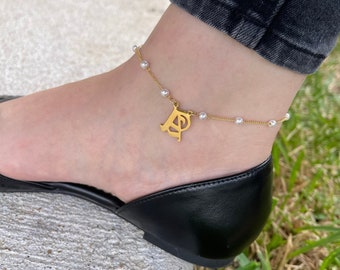 18K GOLD Old English Initial Anklet • Initial Anklet for Women • Gothic Name Jewelry • Personalized Gift for Her • WATERPROOF Christmas Gift