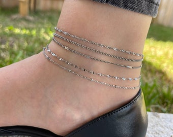 SILVER Chain Anklet, Everyday Simple Anklet, Stainless Steel Layered Chain Anklet, WATERPROOF Jewelry, Best Personalized Christmas Gift Idea