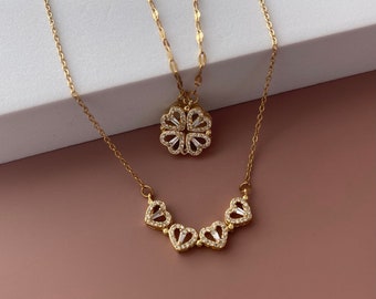 18K GOLD Four Leaf Clover Necklace • Mother's Day Gift • Magnetic Heart Necklace • Cubic Zirconia Good Luck Necklace • Dainty Birthday Gifts