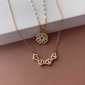 18K GOLD Four Leaf Clover Necklace • Mother's Day Gift • Magnetic Heart Necklace • Cubic Zirconia Good Luck Necklace • Dainty Birthday Gifts