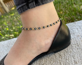 Dainty Black Evil Eye Chain Anklet, Gold Evil Eye Charm Anklet, Boho Chain Anklet, Protection Anklet, Evil Eye Jewelry, Best Friend Gift