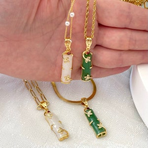 Lucky Jade Necklace Natural Green/White Bamboo Jade Pendant Dainty Good Luck Charm 18K Gold Plated Stainless Steel Best Bridesmaid Gift