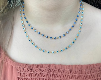 Collier à breloques mauvais œil en or 18 carats, collier bleu mauvais œil, bijoux d'été délicats, réglable, imperméable, cadeau d'anniversaire personnalisé pour femme