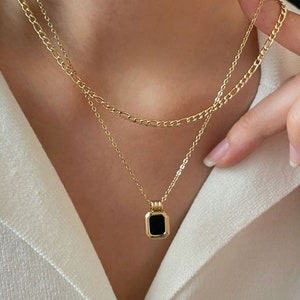 GOLD FILLED Square Diamond Necklace Double Layer Choker Necklace White Mother of Pearl Green Black Pearl Gemstone Jewelry Christmas Gift