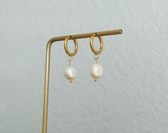 Freshwater Pearl Hoop Earrings, Gold Baroque Pearl Drop, Handmade Wedding Jewelry, Bridesmaid Gift
