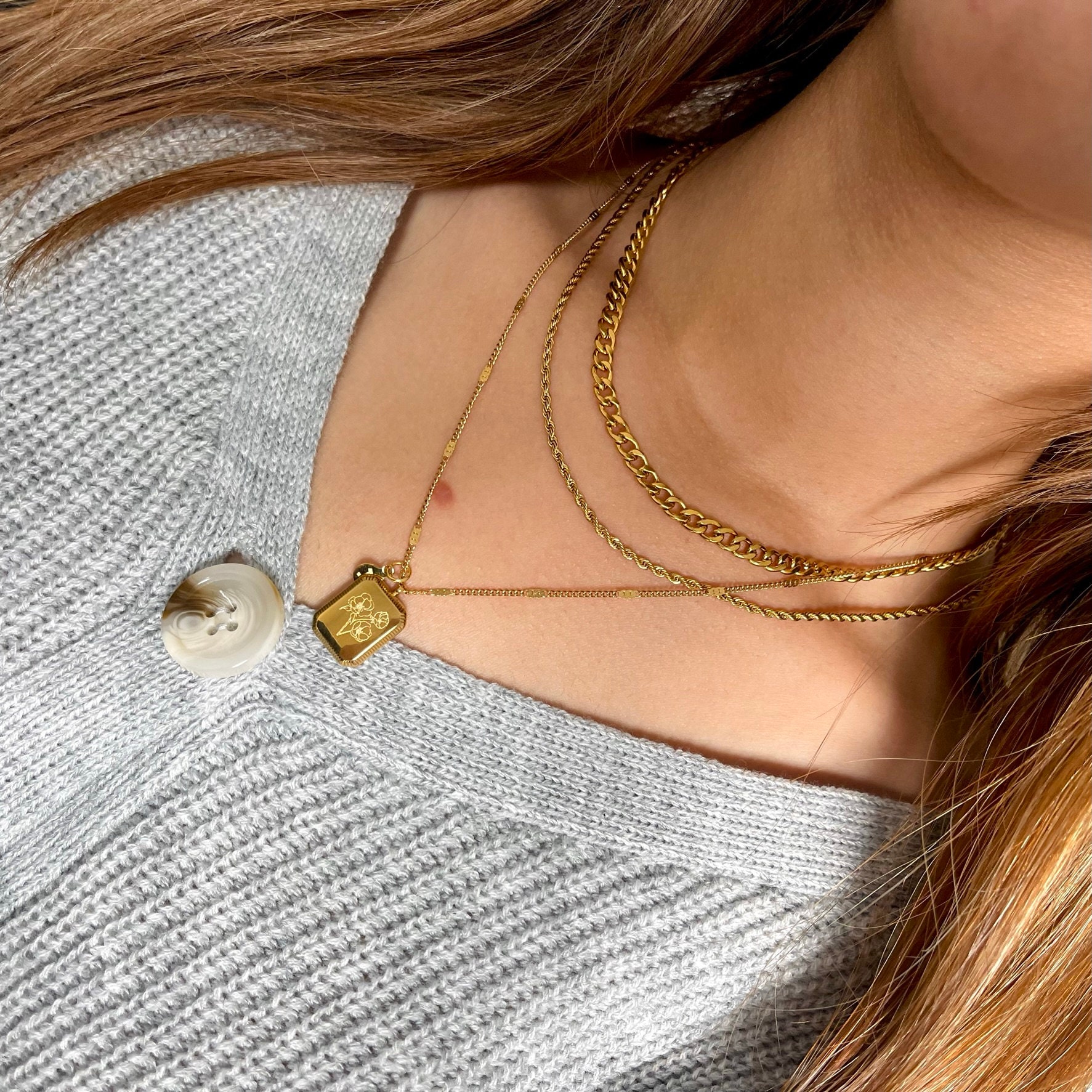 GOLD Birth Month Flower Necklace Birthstone Necklace Square Zodiac Rose Floral Pendant Jewelry WATERPROOF Birthday Gift for Her