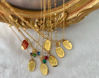 GOLD Birthflower Zodiac Birthstone Necklace Double-Sided Birth Month Floral Layering Monogram Necklace WATERPROOF Birthday Gift For Her