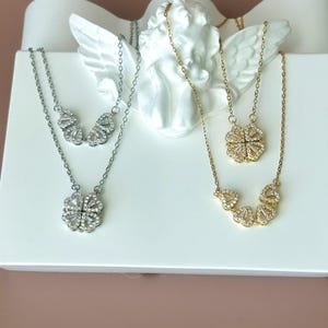 18K GOLD Vierblättriges Kleeblatt • Muttertagsgeschenk • Magnetische Herzkette • Zirkonia-Glückskette • Zierliche Geburtstagsgeschenke Bild 3