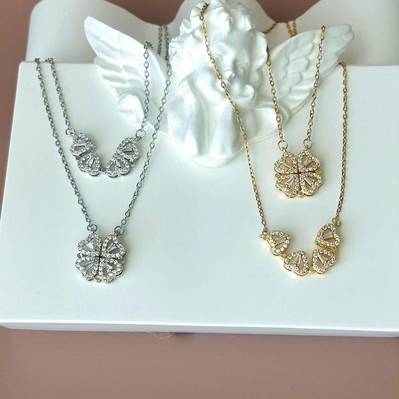 18K GOLD Vierblättriges Kleeblatt • Muttertagsgeschenk • Magnetische Herzkette • Zirkonia-Glückskette • Zierliche Geburtstagsgeschenke Bild 3