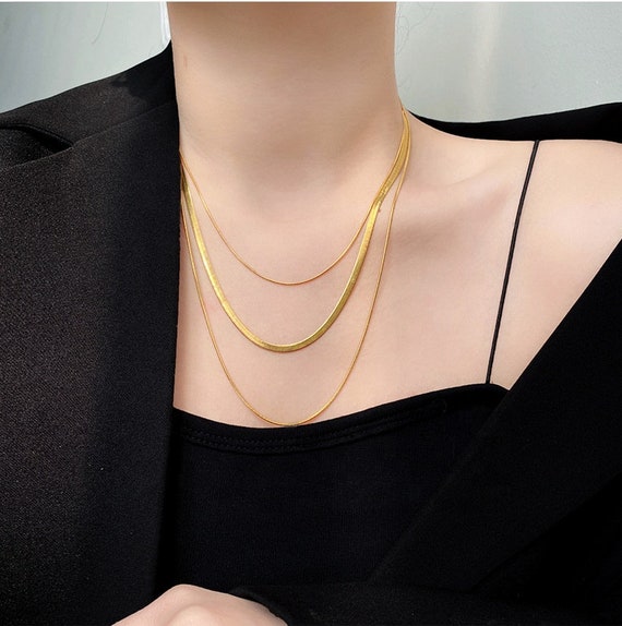 GOLD Herringbone Necklace Graduation Gift for Her Triple Layered Snake Chain  Choker Dainty Layering Jewelry Best Mothers Day Gift 