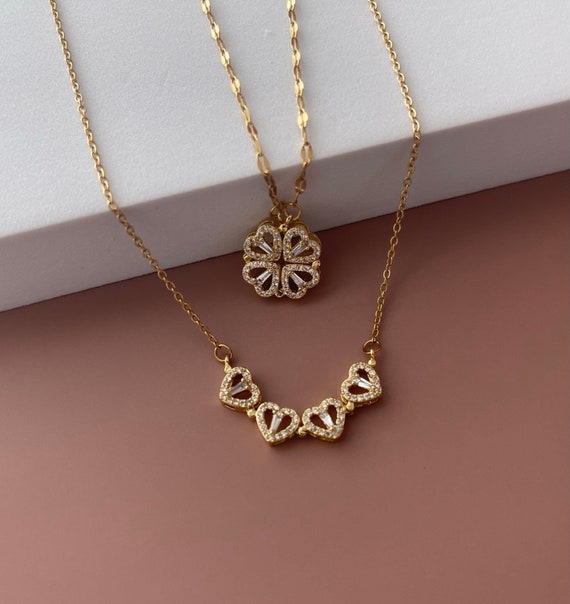 Four Leaf Clover Shamrock Hearts Pendant CZ Gold-plated Silver, Chain Included Four Leaf Clover Shamrock Hearts Pendant CZ Gold-plated Silver, Chain Included