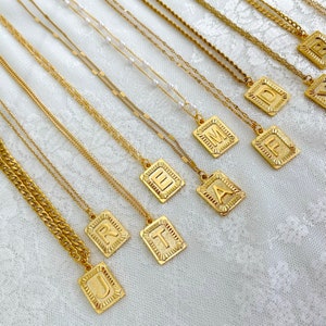 Shiny Gold Initial Letter Monogram Necklace Square Medallion Alphabet Pendant Personalized UNISEX Necklace Perfect Bridesmaid Gift