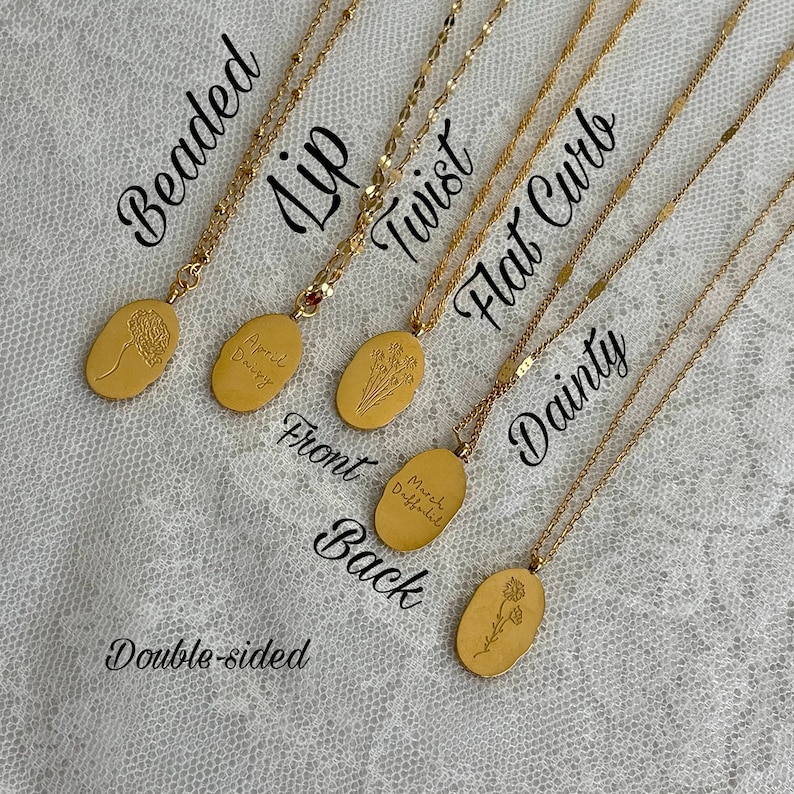 May include: Gold necklaces with oval pendants, each displaying a floral design and text. The chains vary in style, including beaded, lip, twist, flat curb, and dainty. The pendants feature text such as "April Daisy" and "March Daffodil". The image also includes the text "Double-sided".