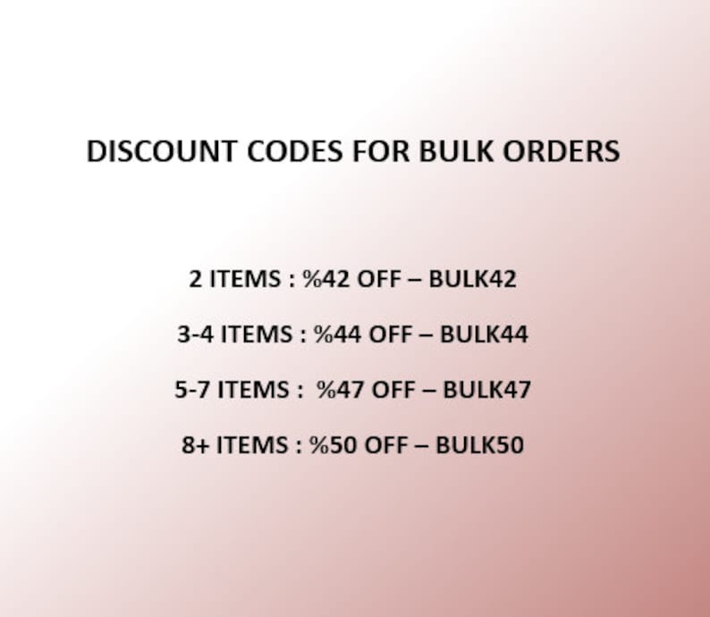 以下が含まれることがあります： 大量注文の割引コードが記載されたグラフィック。2点でコードBULK42を使用して42％オフ、3〜4点でコードBULK44を使用して44％オフ、5〜7点でコードBULK47を使用して47％オフ、8点以上でコードBULK50を使用して50％オフになります。