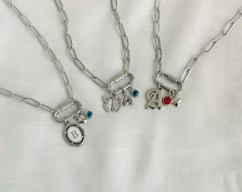 Silver Carabiner Charm Necklace • Adjustable Waterproof Multi Charm Jewelry • Custom Paperclip Chain Necklace• Best Friend Gift for Her