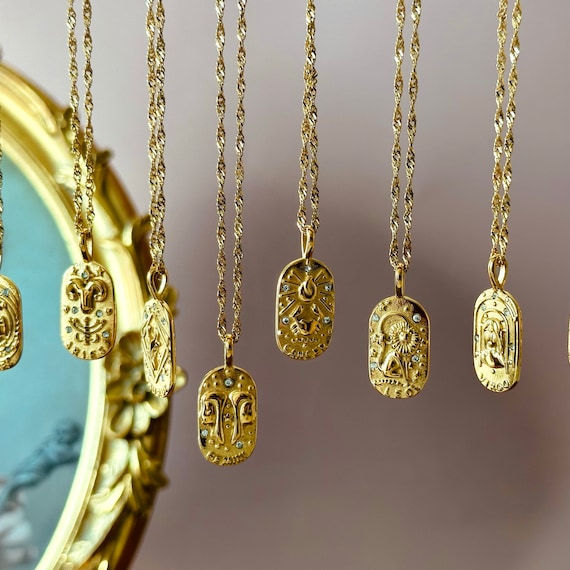 GOLD CZ Tarot Card Zodiac Necklace • Anniversary Gift • Oval Astrology Jewelry • Layering Necklace • Spiritual Jewelry • Best Friend Gift