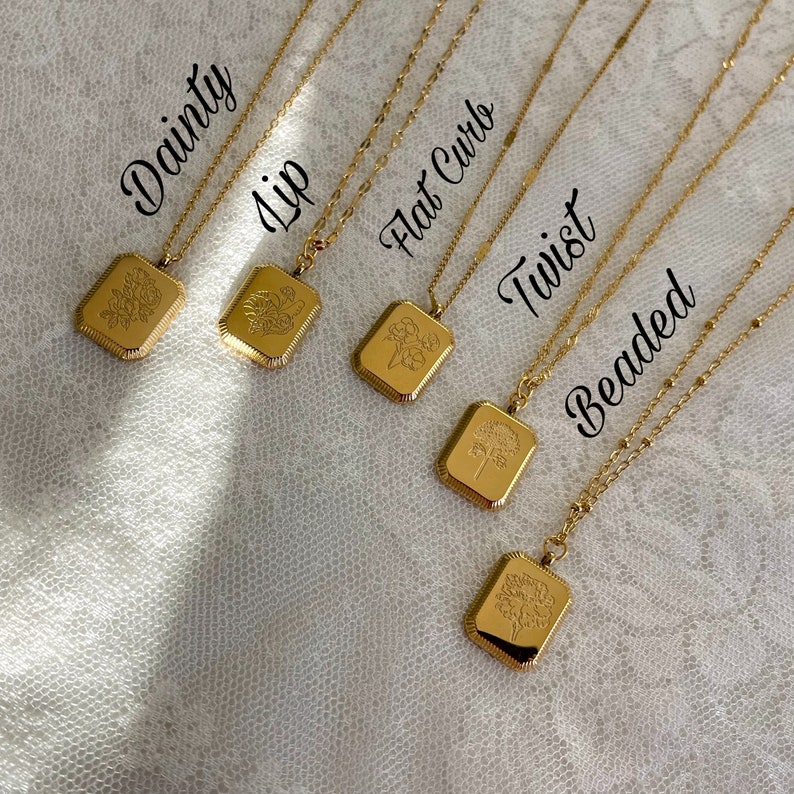 GOLD Vintage Birth Month Flower Necklace Birthstone Necklace Square Zodiac Rose Floral Pendant Jewelry WATERPROOF Birthday Gift for Her image 6