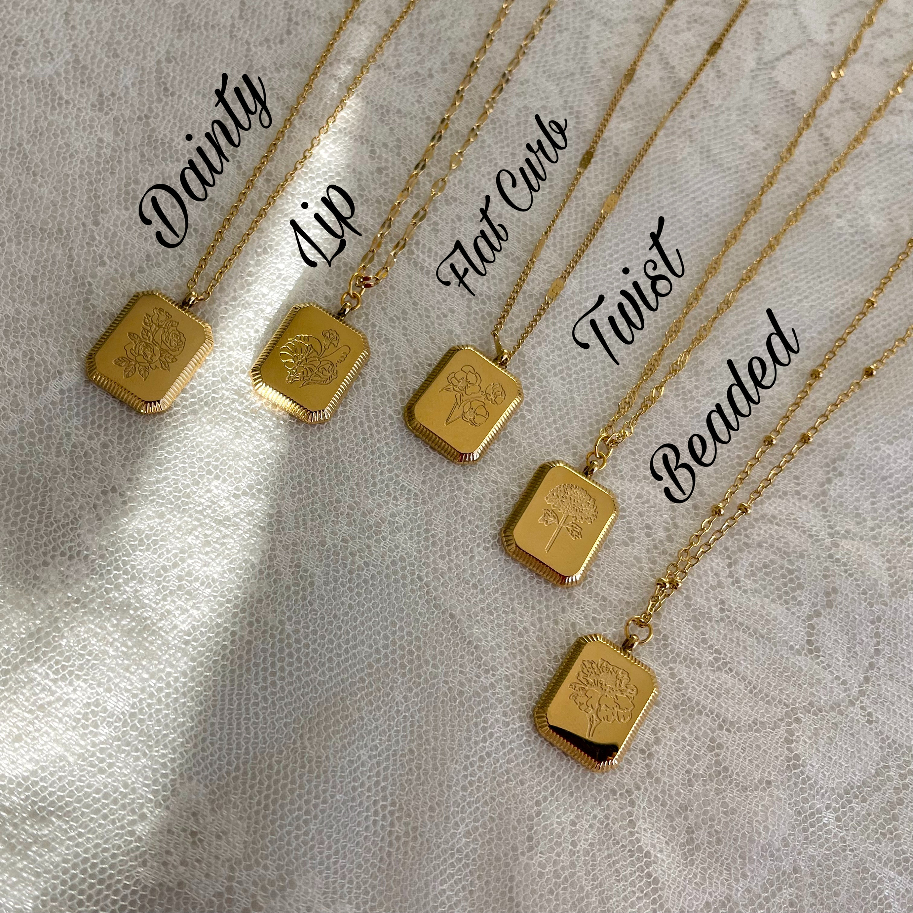 GOLD Birth Month Flower Necklace Birthstone Necklace Square Zodiac Rose Floral Pendant Jewelry WATERPROOF Birthday Gift for Her