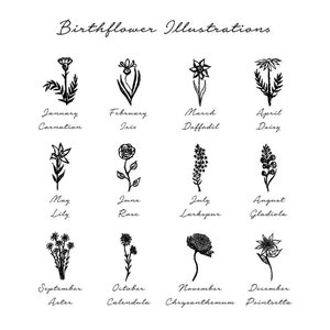 May include: A black and white illustration featuring birth flowers for each month. The image includes the names of the flowers and the months they represent, such as January Carnation, February Iris, and March Daffodil.