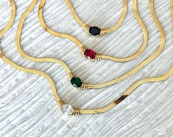 Vintage Green CZ Gemstone Gold Herringbone Necklace • Oval Zircon Choker • Waterproof Statement Jewelry • Christmas Gift for Best Friend