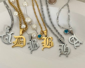 GOLD FILLED Old English Letter Necklace • Bridesmaid Gift • SILVER Initial Necklace • Gothic Name Necklace • Waterproof Jewelry • Mom Gift