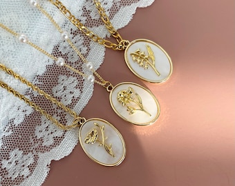 Mother of Pearl Necklace • Jewelry for Mom • Embossed Birthflower Zodiac Necklace • WATERPROOF Birthstone Jewelry • Bridesmaid Gift