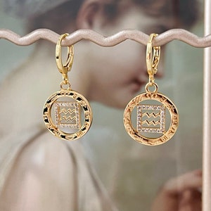 ZŁOTE WYPEŁNIONE Kolczyki Koła Zodiakalne Naszyjniki Zestaw Biżuterii Konstelacja Tarot Znak Zodiaku Horoskop Wodoodporny Spersonalizowany Prezent Urodzinowy