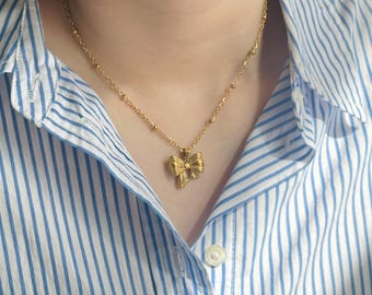 Gold Ribbon Bow Charm Necklace, Bow Ribbon Earrings, Bowknot Wedding Earrings, Handmade Bow Jewelry, Tiny Bow Tie Necklace, Graduation Gift