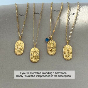 May include: Four gold-toned necklaces with oval zodiac pendants labeled Aquarius, Scorpio, Virgo, and Gemini. The chains are labeled Twist, Dainty, Flat Curb, and Lip. A blue stone charm hangs from the Virgo pendant. Text reads: If you're interested in adding a birthstone, kindly follow the link provided in the description.