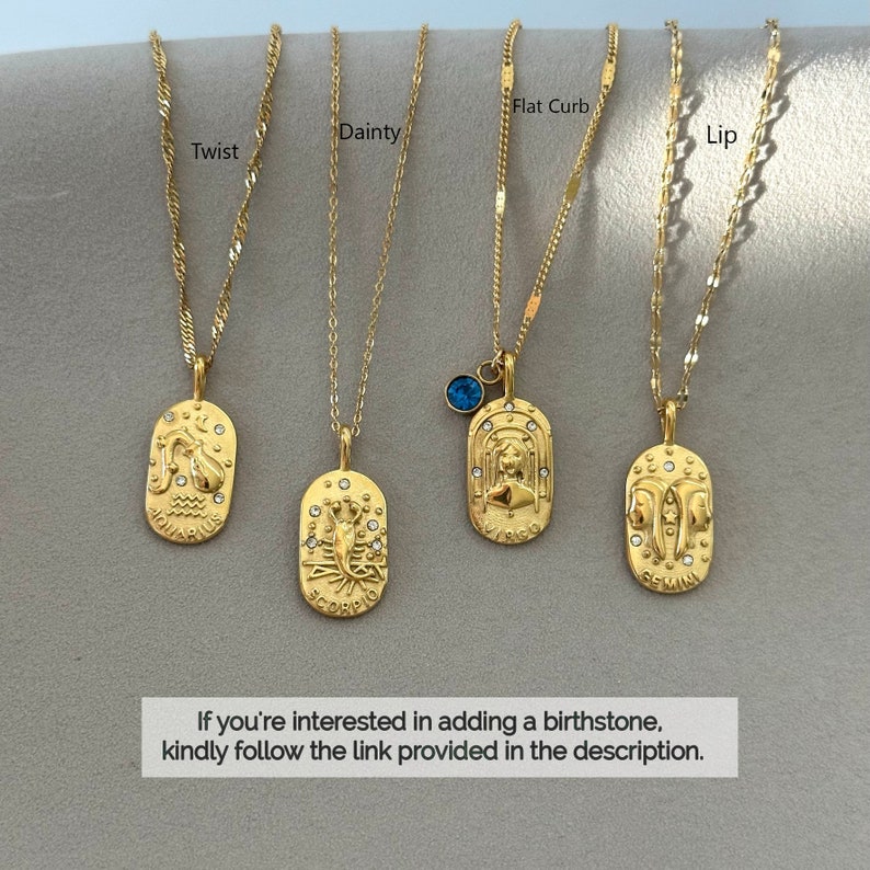May include: Four gold-toned necklaces with oval zodiac pendants labeled Aquarius, Scorpio, Virgo, and Gemini. The chains are labeled Twist, Dainty, Flat Curb, and Lip. A blue stone charm hangs from the Virgo pendant. Text reads: If you're interested in adding a birthstone, kindly follow the link provided in the description.