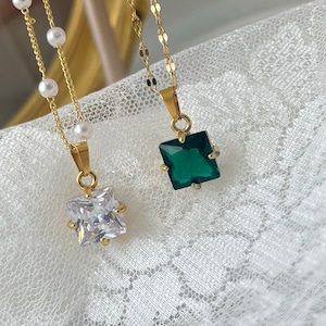 18K GOLD Emerald Zircon Stone Necklace • Green Zircon Pendant • CZ Gemstone Layering Necklace • Waterproof Jewelry • Custom Christmas Gifts