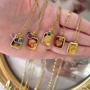 GOLD Vintage Birth Month Flower Necklace Birthstone Necklace Square Zodiac Rose Floral Pendant Jewelry WATERPROOF Birthday Gift for Her image 10