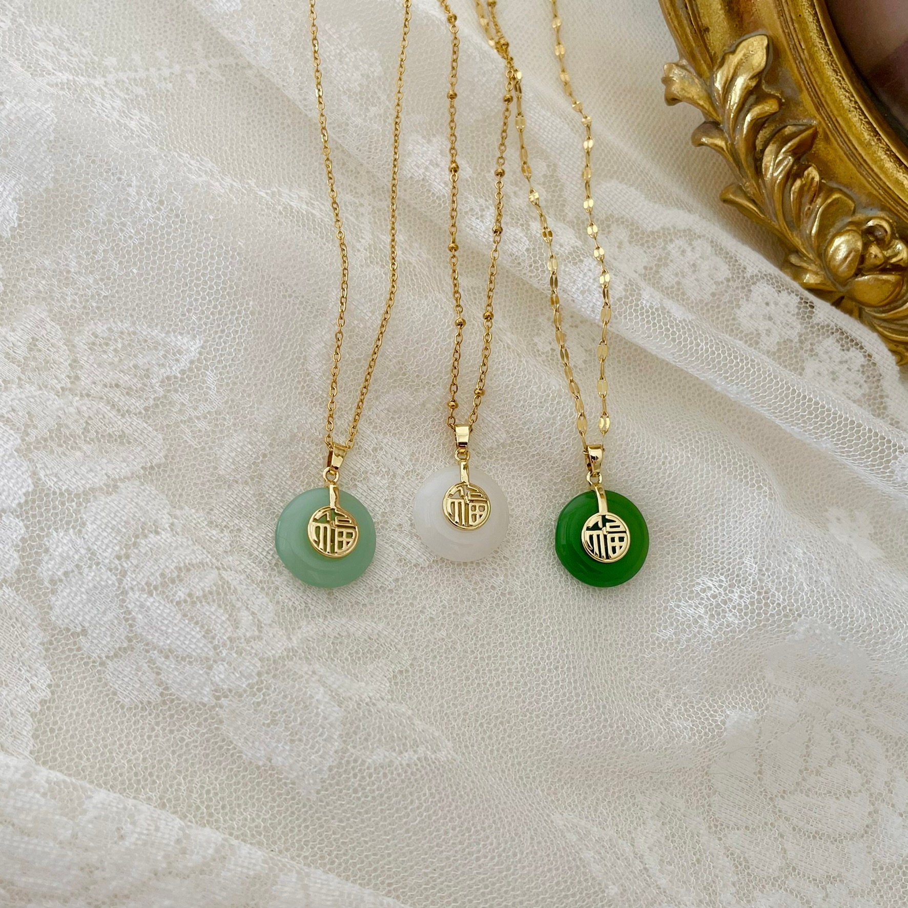 Pendentif Jade Et Améthyste Rempli Or Blanc Avec Chaîne Offerte - Neuf étiqueté #3